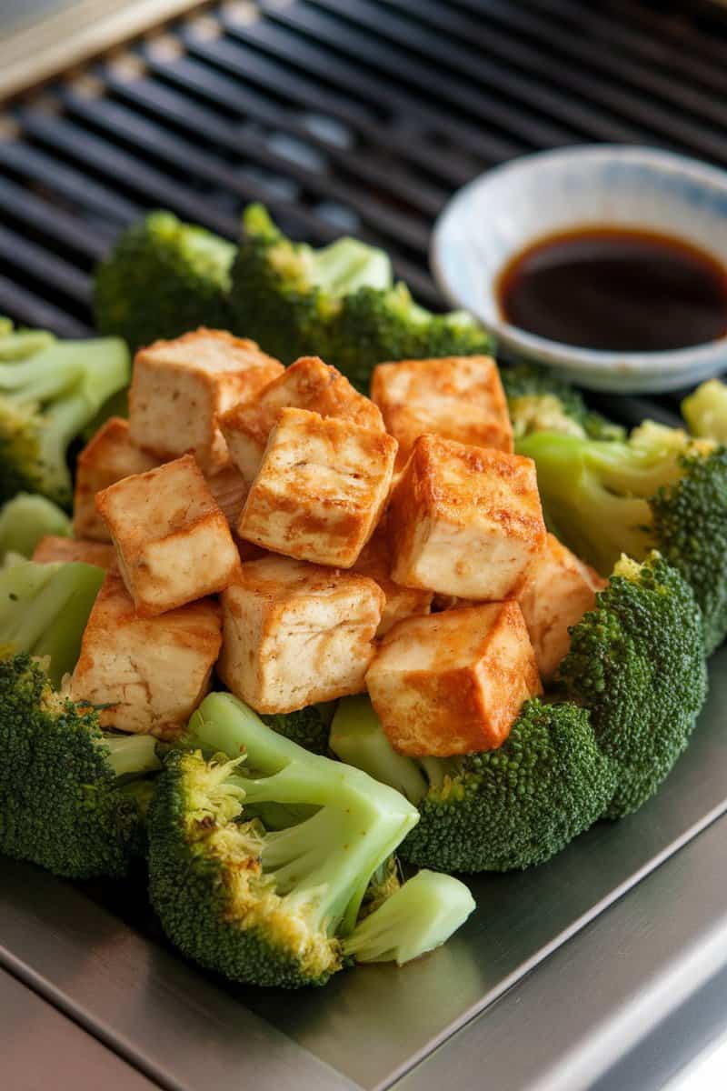 Hibachi-style tofu cubes on a bed of broccoli