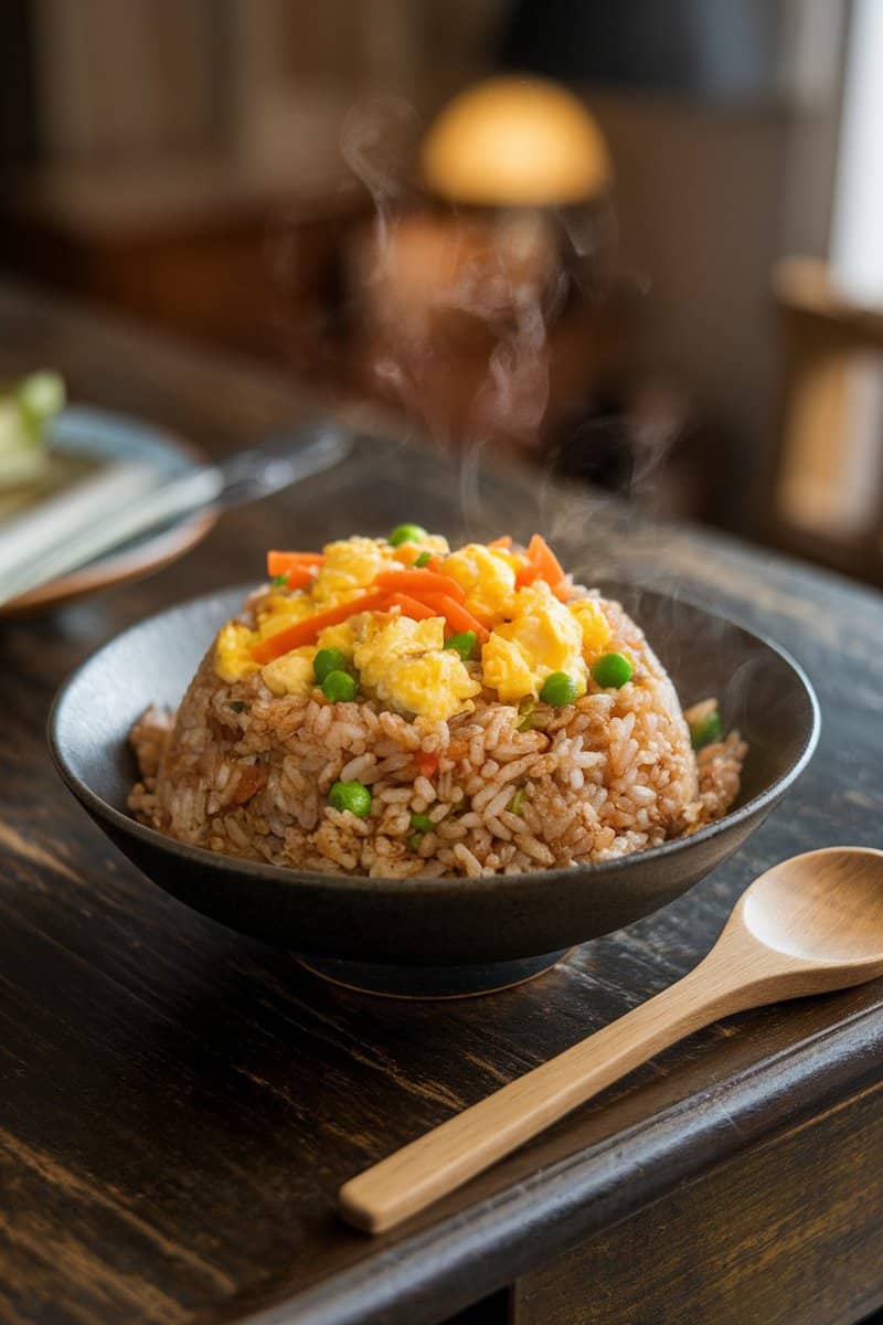 A bowl of hibachi fried rice topped with scrambled eggs and colorful vegetables.