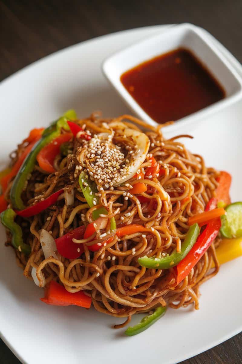 A plate of hibachi noodles with colorful vegetables and a dipping sauce.