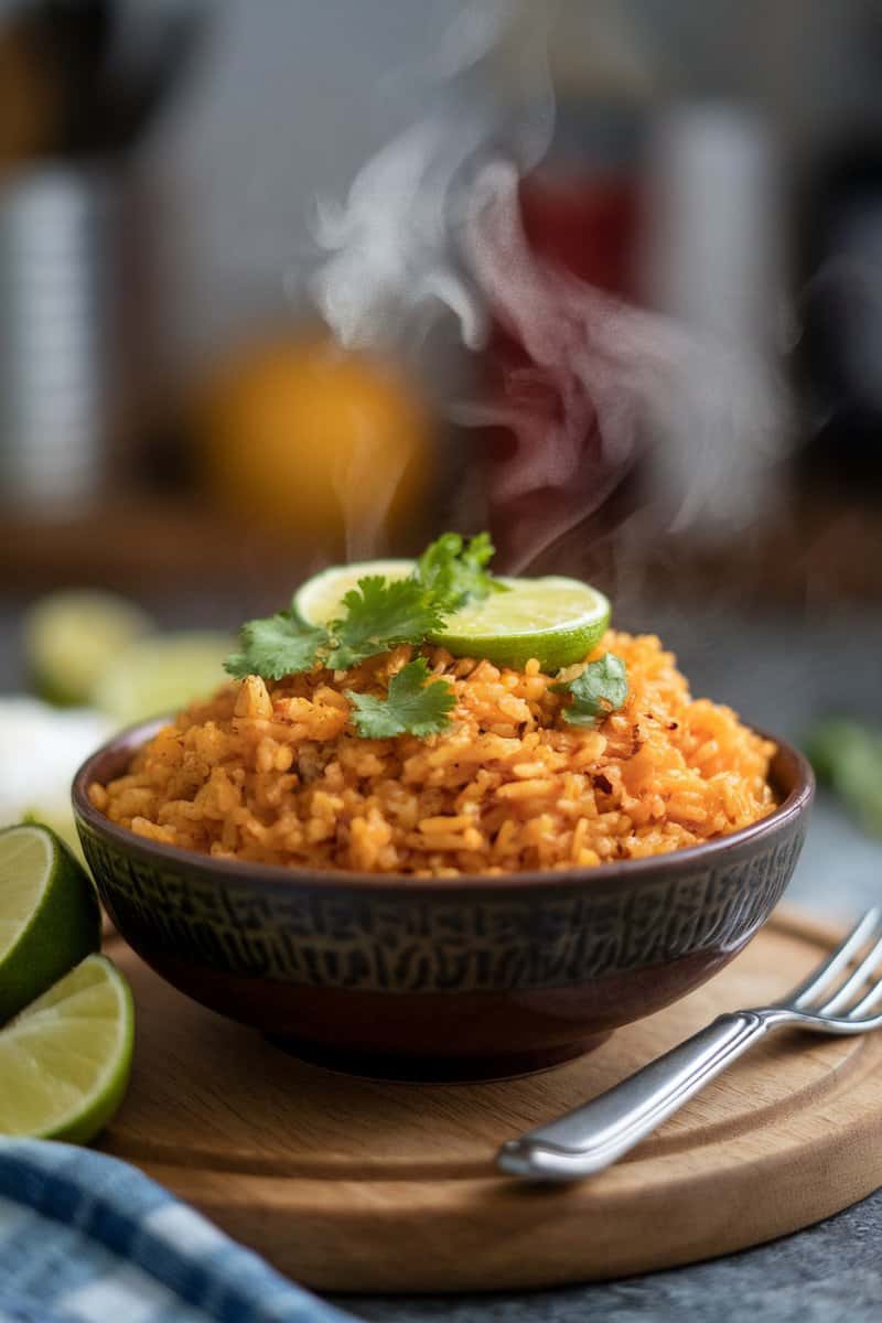 A bowl of homemade Mexican rice topped with cilantro and lime wedges.