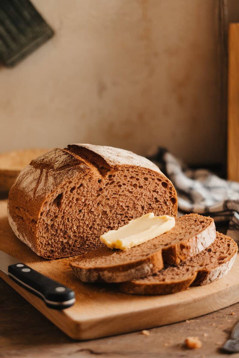 A freshly baked loaf of Swedish rye bread sliced and served with butter.