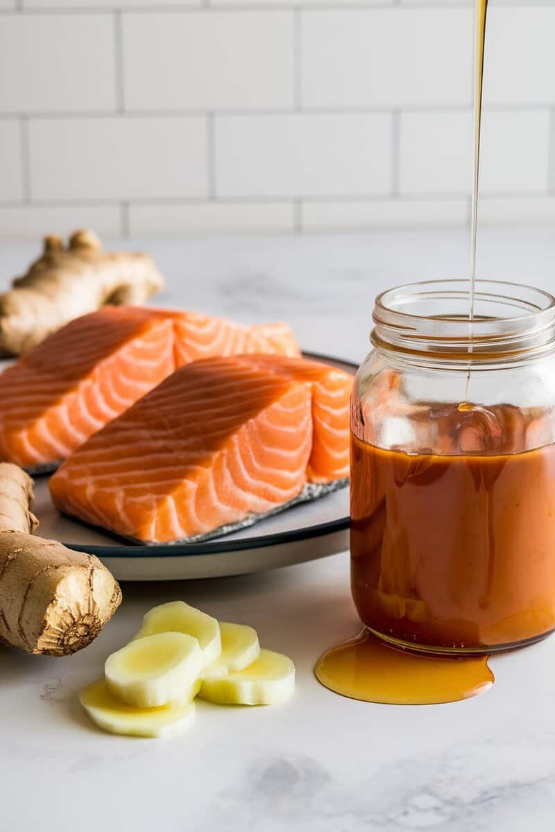 A jar of honey and ginger teriyaki marinade beside fresh salmon and ginger root.