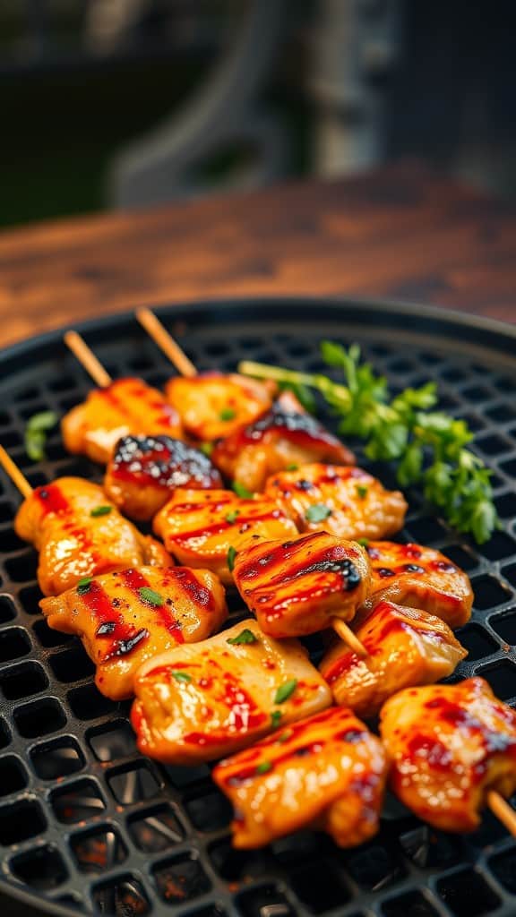 Delicious honey BBQ grilled chicken skewers on a grill