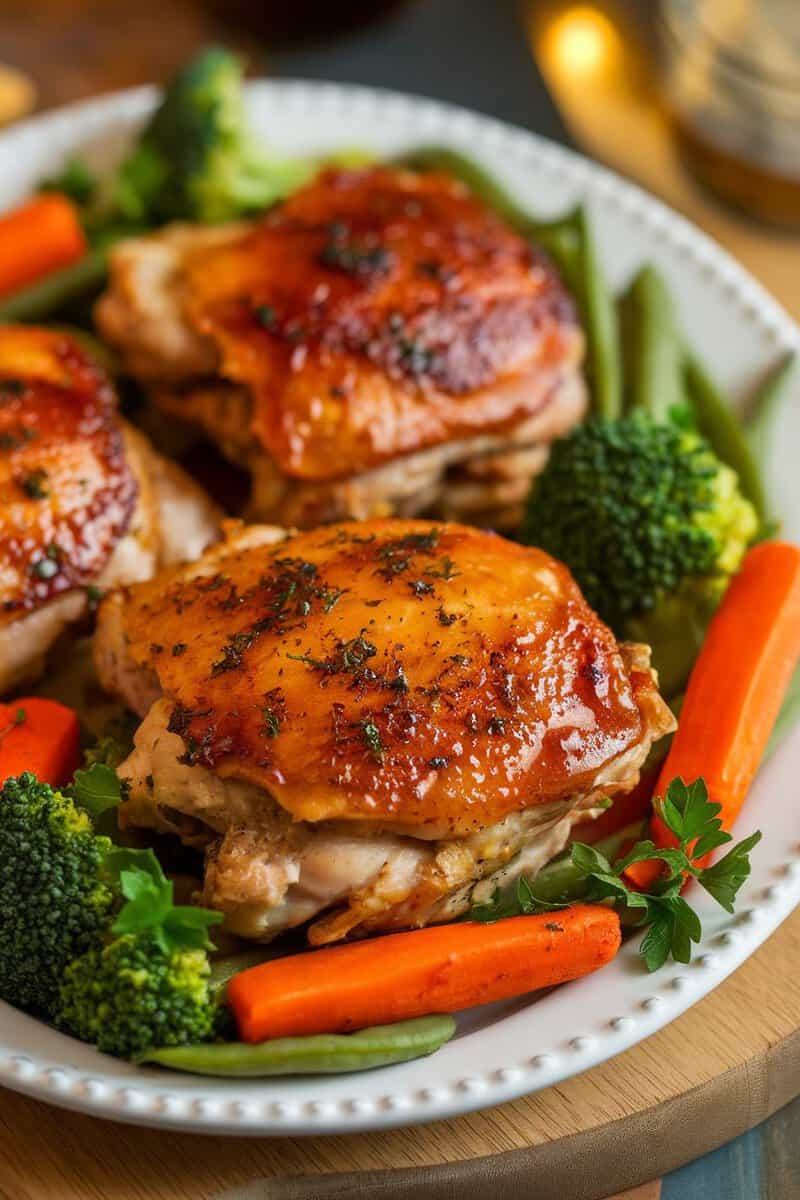 Honey Garlic Baked Chicken Thighs served with broccoli and carrots