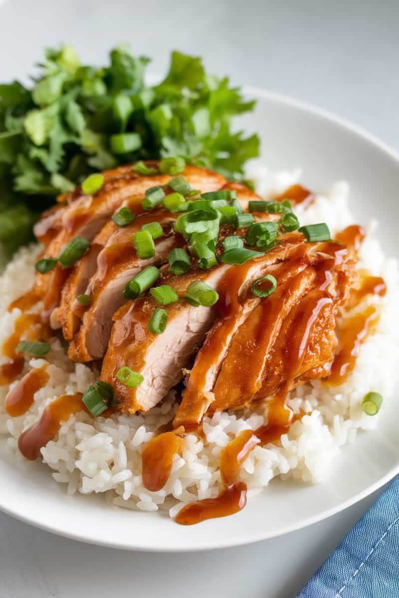 Plate of honey garlic chicken over fluffy rice, garnished with green onions and cilantro.