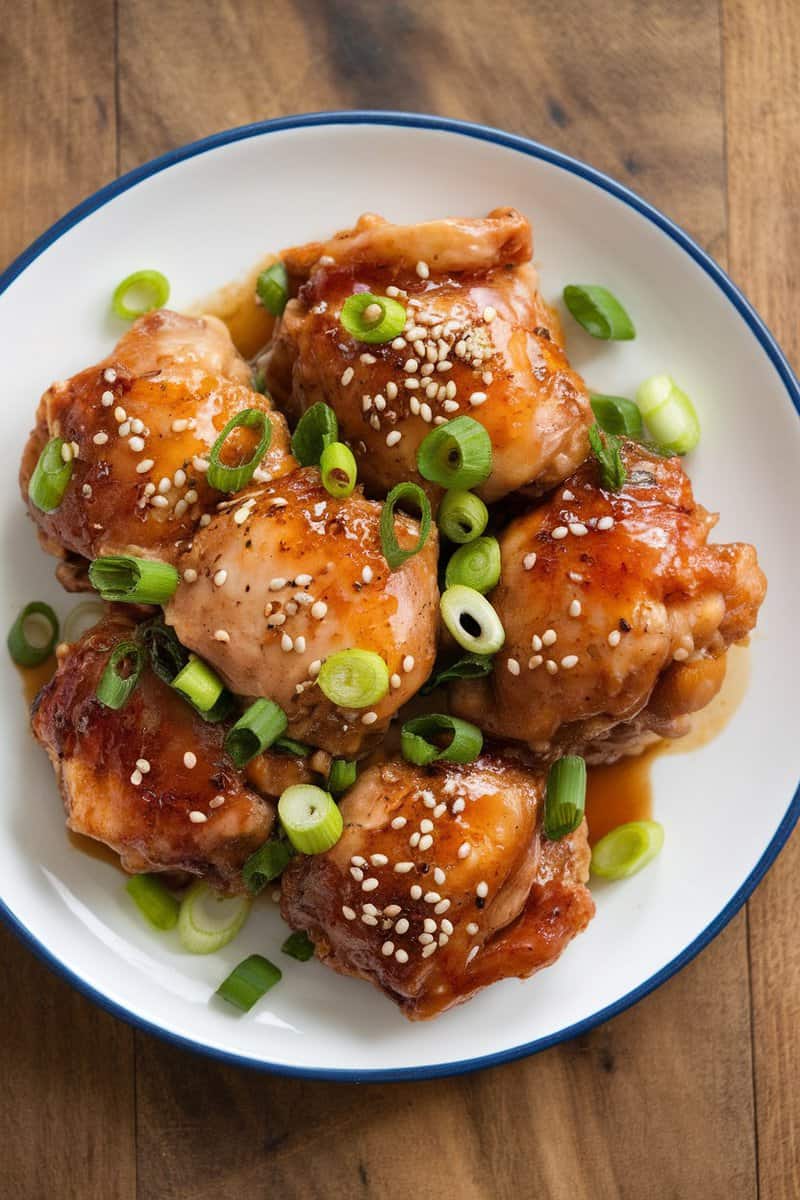 Delicious honey garlic chicken thighs garnished with green onions and sesame seeds