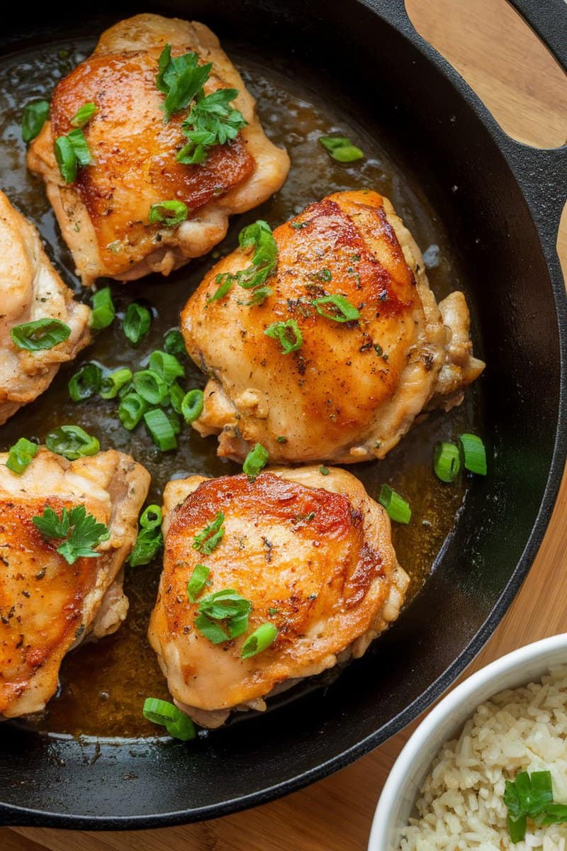 Honey Garlic Chicken Thighs served with rice and garnished with green onions.