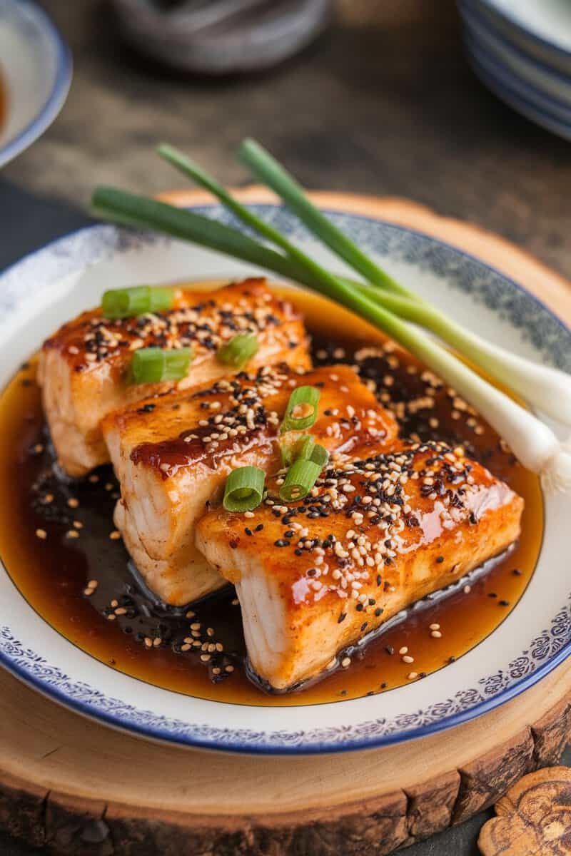 Honey garlic glazed mahi mahi served with green onions and sesame seeds.