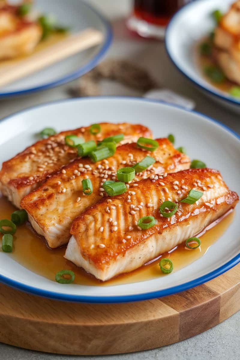 Honey garlic sole fillets cooked to perfection, garnished with green onions and sesame seeds.