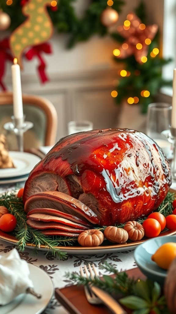 A beautifully glazed ham on a festive table setting with Christmas decorations.