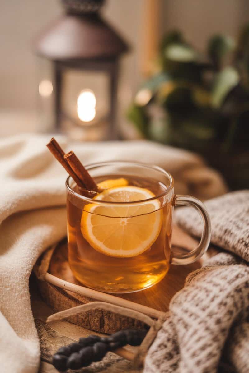 A warm cup of Honey Lemon Hot Toddy with cinnamon stick and lemon slice.