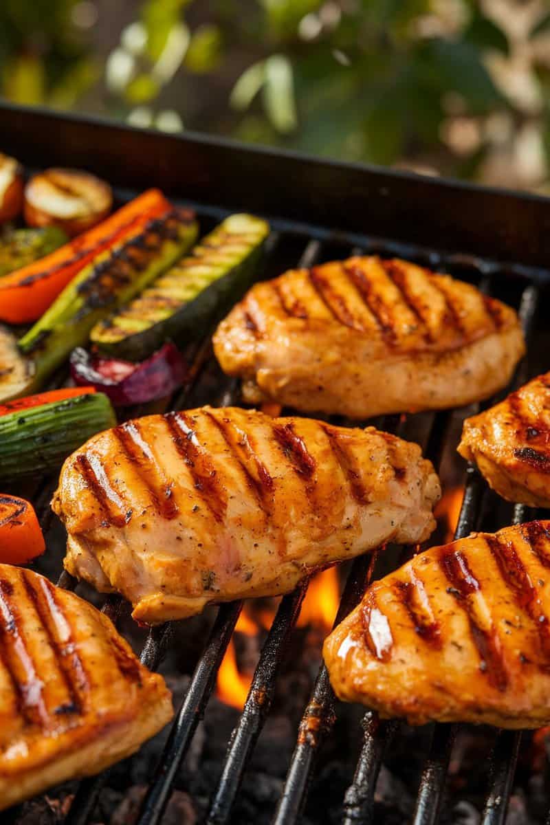 Grilled chicken breasts with honey mustard glaze and assorted vegetables on the grill.