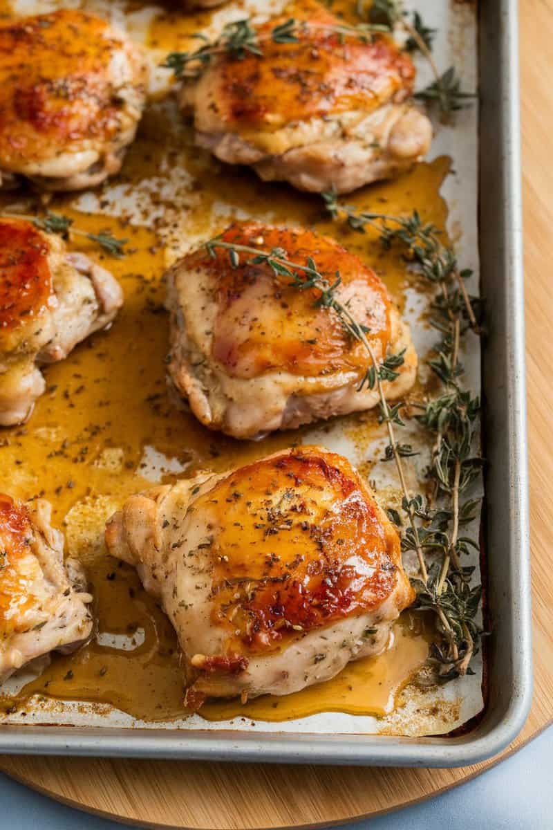 Honey mustard glazed chicken thighs on a baking sheet with fresh thyme