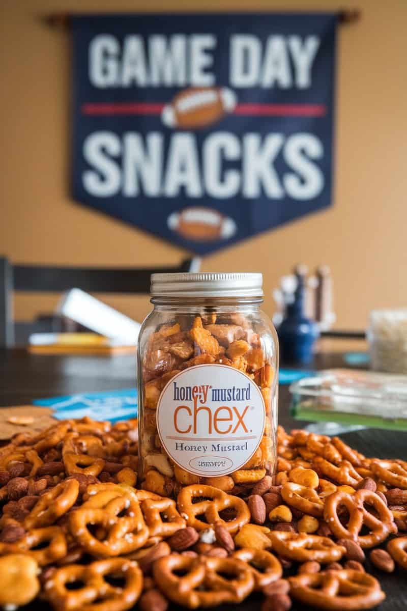 A jar of Honey Mustard Chex Mix surrounded by pretzels and nuts.