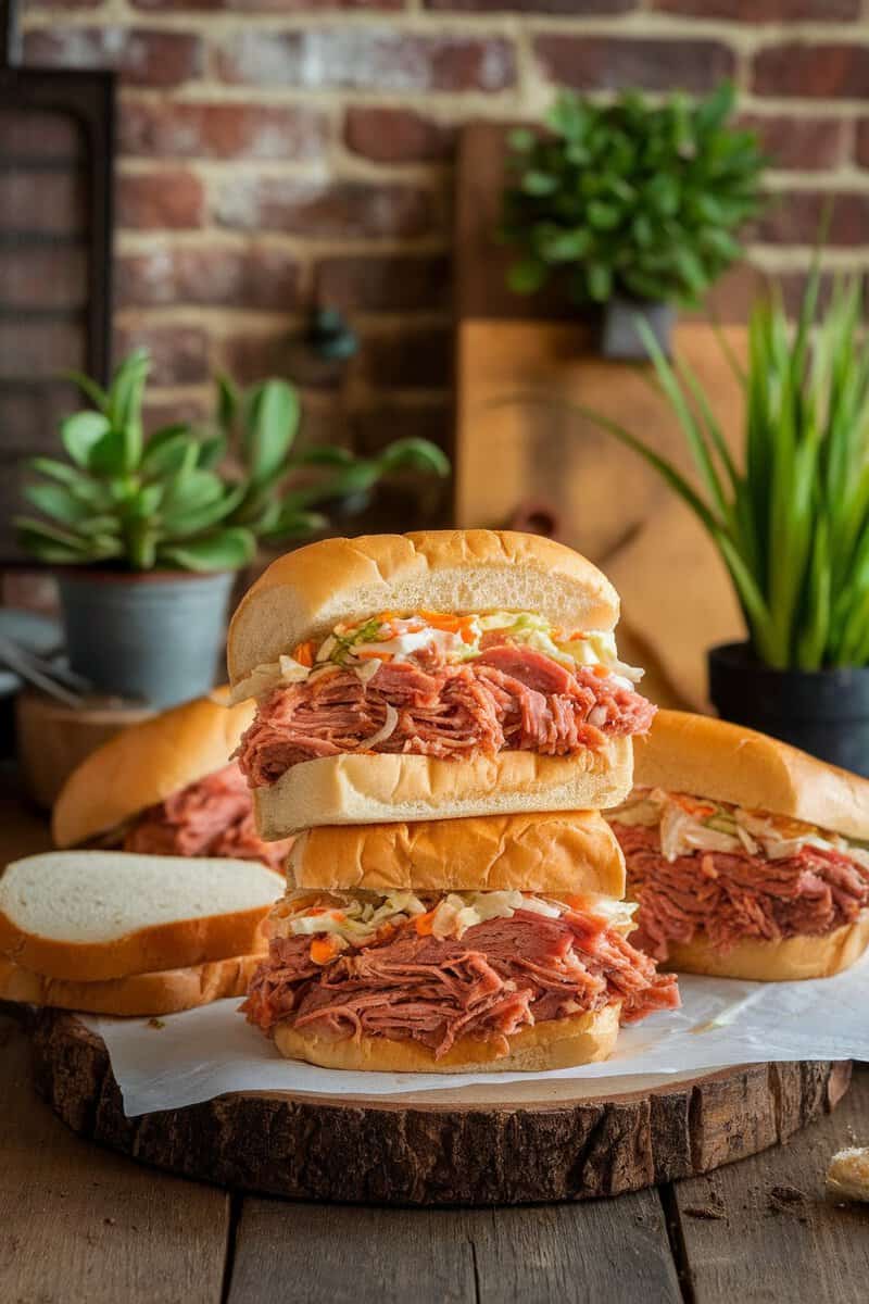 Honey mustard pulled pork sandwiches stacked with coleslaw on a wooden surface