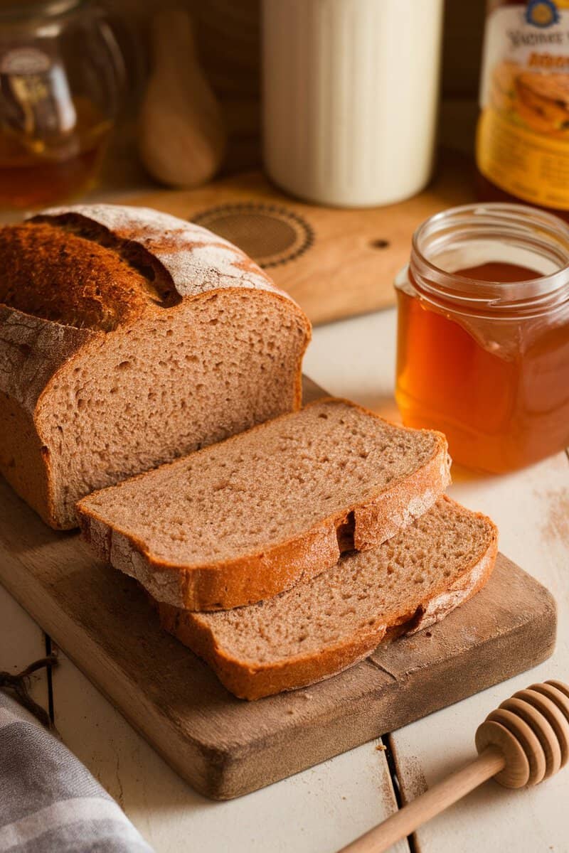 Sliced honey whole wheat bread on a wooden board with a jar of honey and a spoon