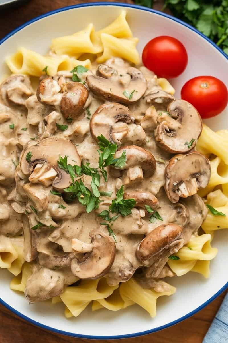 A creamy dish of Impossible Beef and Mushroom Stroganoff served over pasta, garnished with parsley.