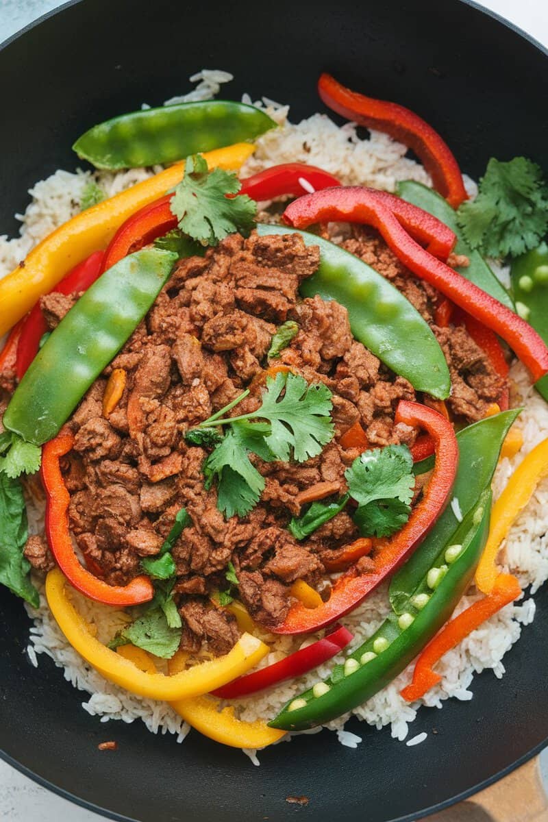 A vibrant stir-fry with Impossible ground beef, colorful bell peppers, and snap peas over rice.