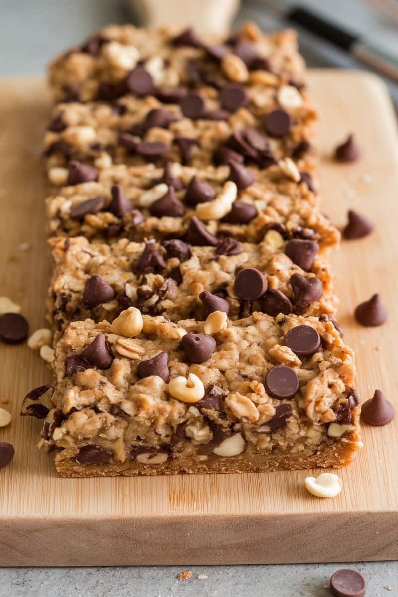 Deliciously baked oatmeal cookie bars topped with chocolate chips and nuts on a wooden cutting board.