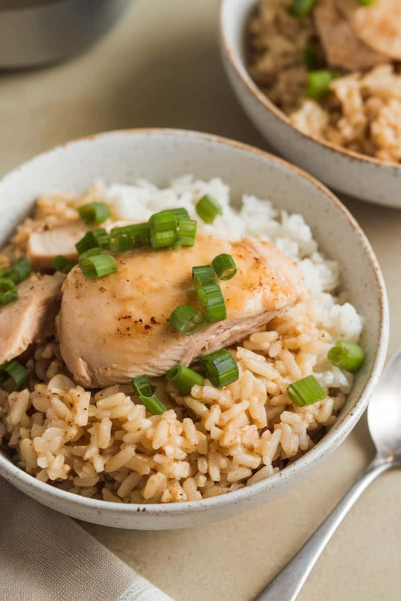 A bowl of Instant Pot Chicken and Rice topped with green onions