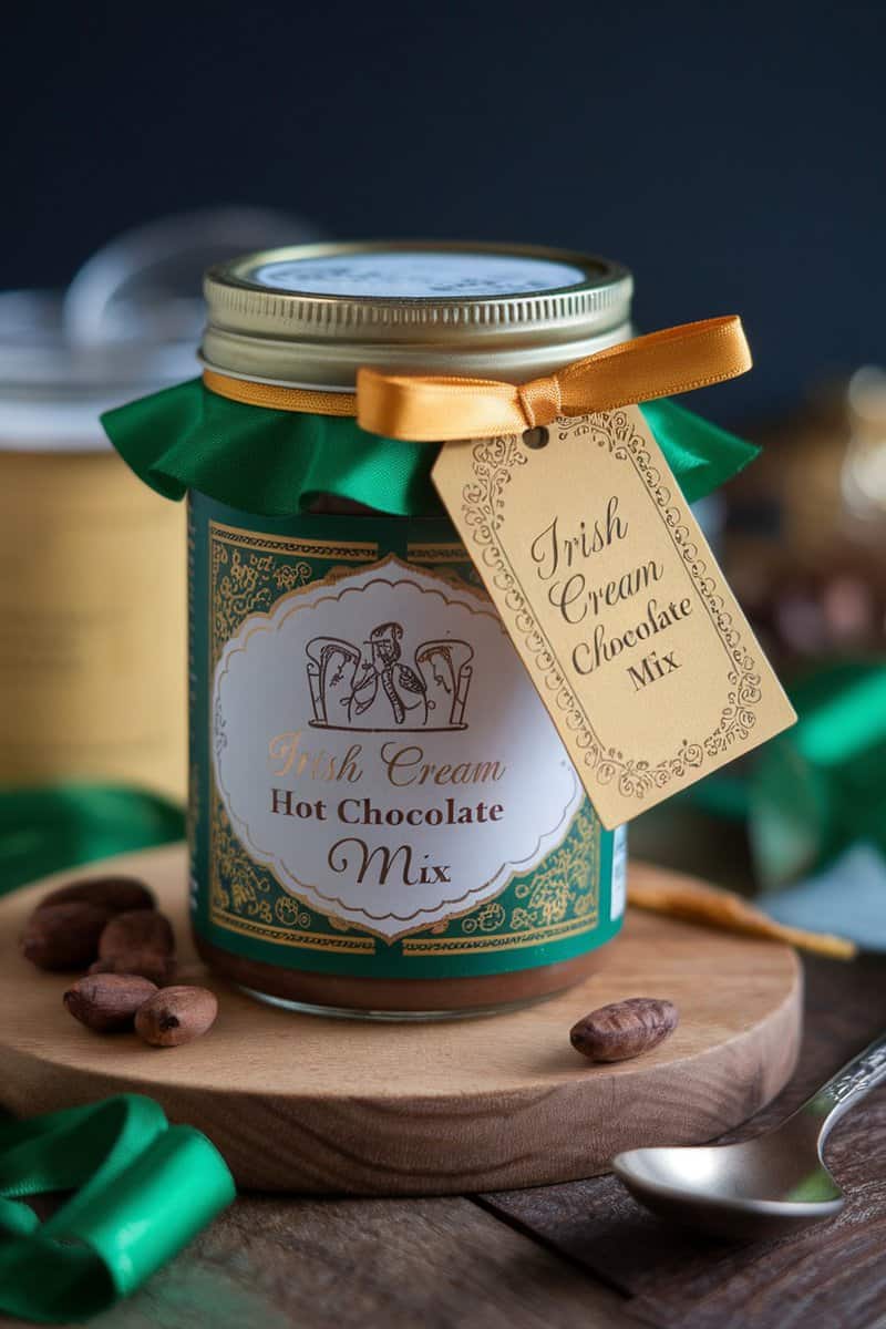 A beautifully decorated jar of Irish Cream Hot Chocolate mix with a festive ribbon and holly on a wooden platter.