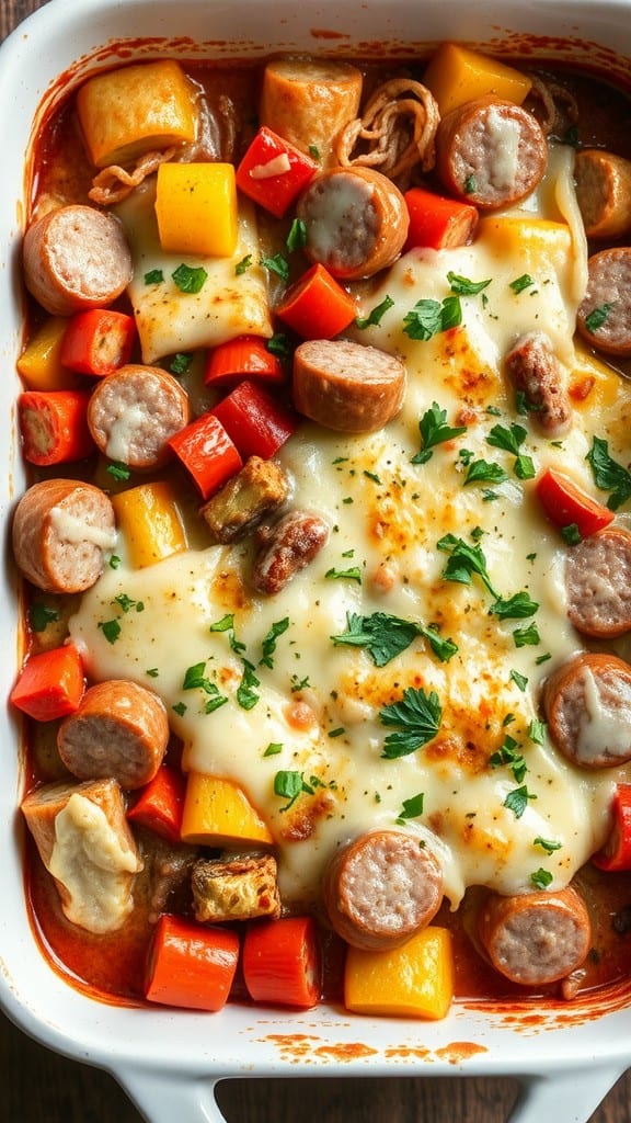 A delicious Italian sausage and veggie bake topped with melted cheese and fresh parsley.