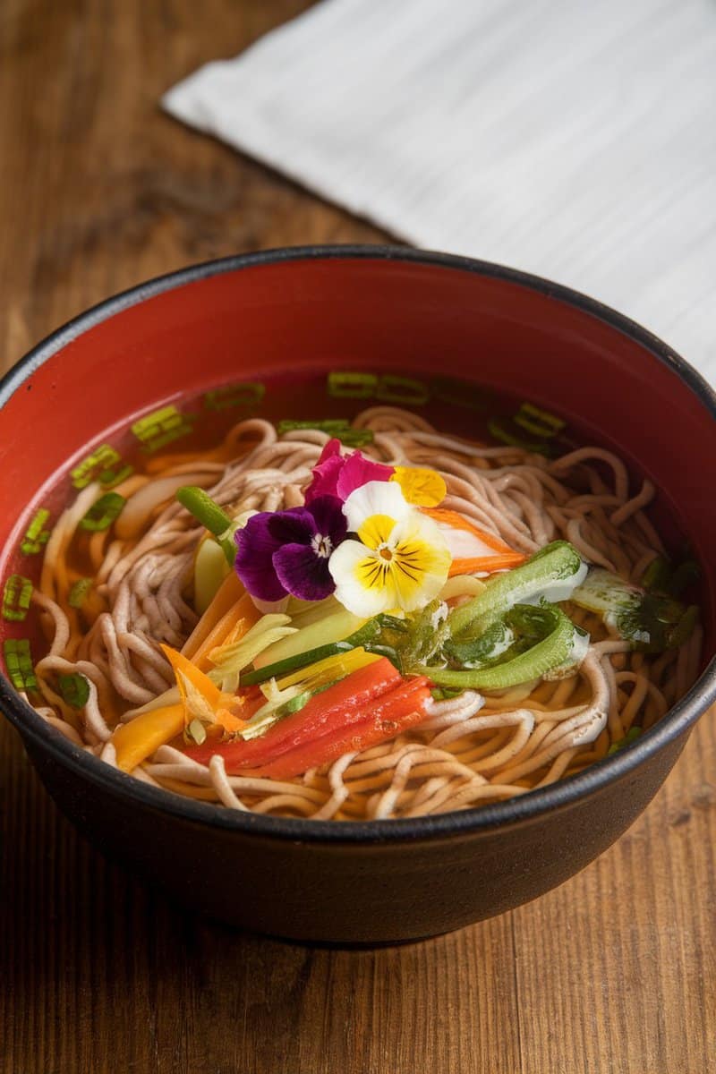 A bowl of Japanese Vegetable Soba Noodle Soup with colorful vegetables and edible flowers.