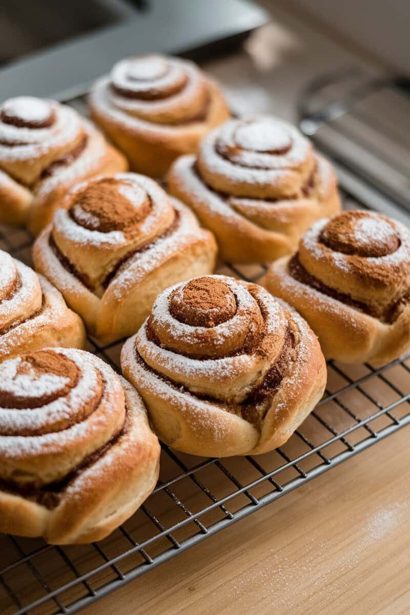 Freshly baked Swedish cinnamon buns dusted with powdered sugar.