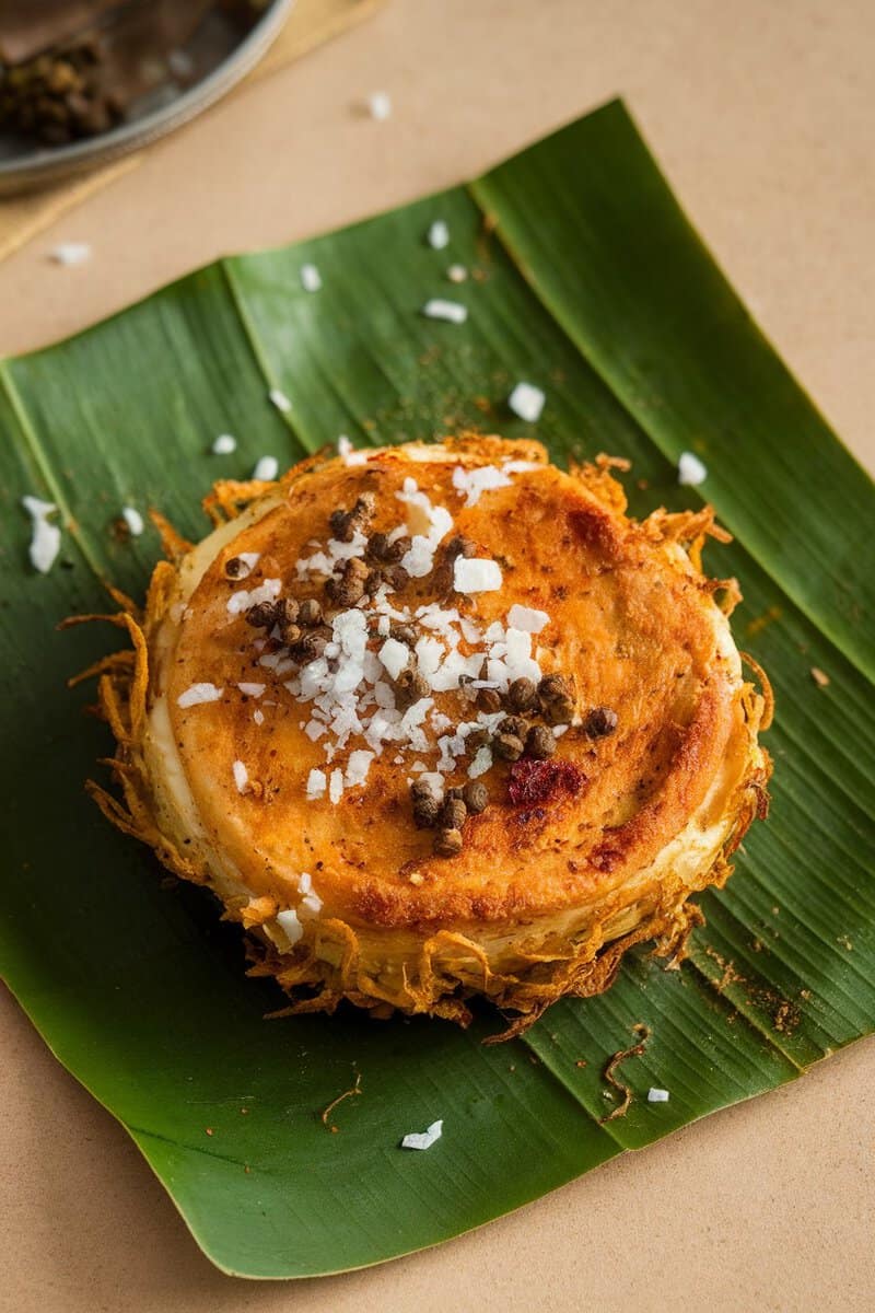 A delicious Kerala Egg Roast on a banana leaf, garnished with coconut and spices.