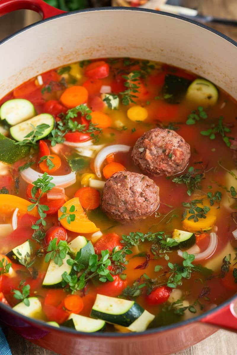 A pot of colorful keto-friendly minestrone soup with meatballs and fresh herbs.