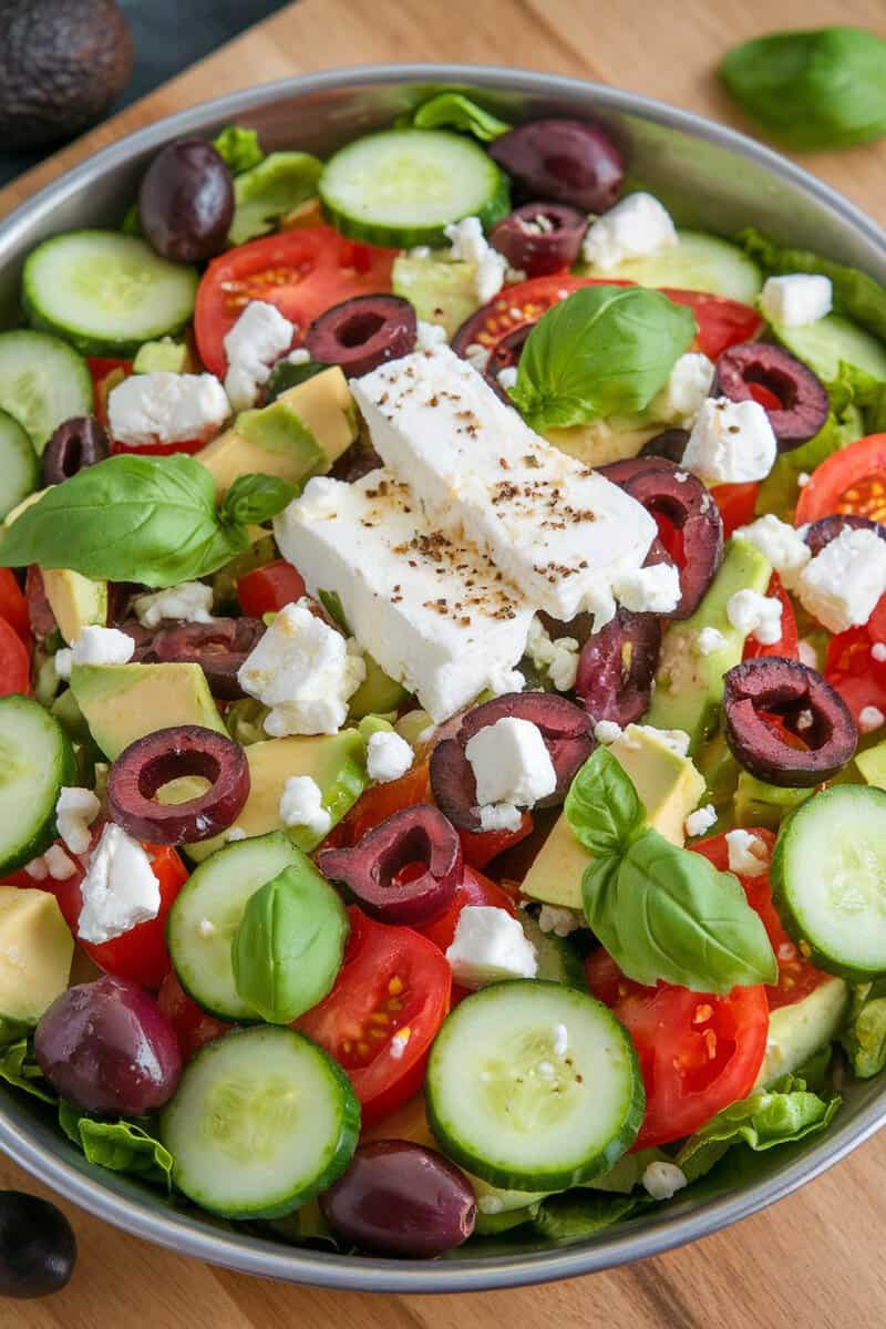 A vibrant Keto Greek Salad with Avocado featuring colorful vegetables and feta cheese.