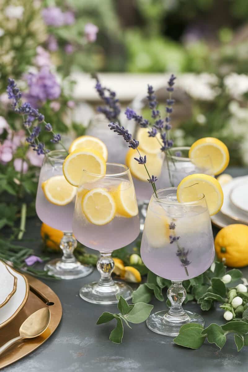 Lavender lemonade punch with lemon slices and lavender sprigs in elegant glasses