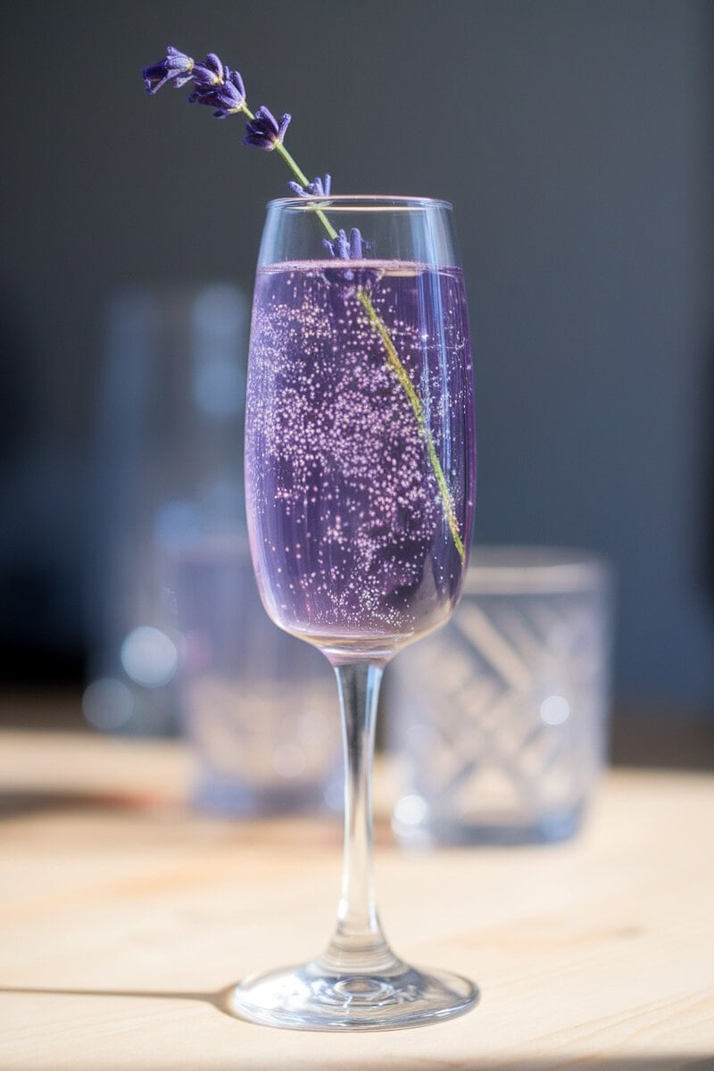 A sparkling lavender drink garnished with a lavender sprig in a glass