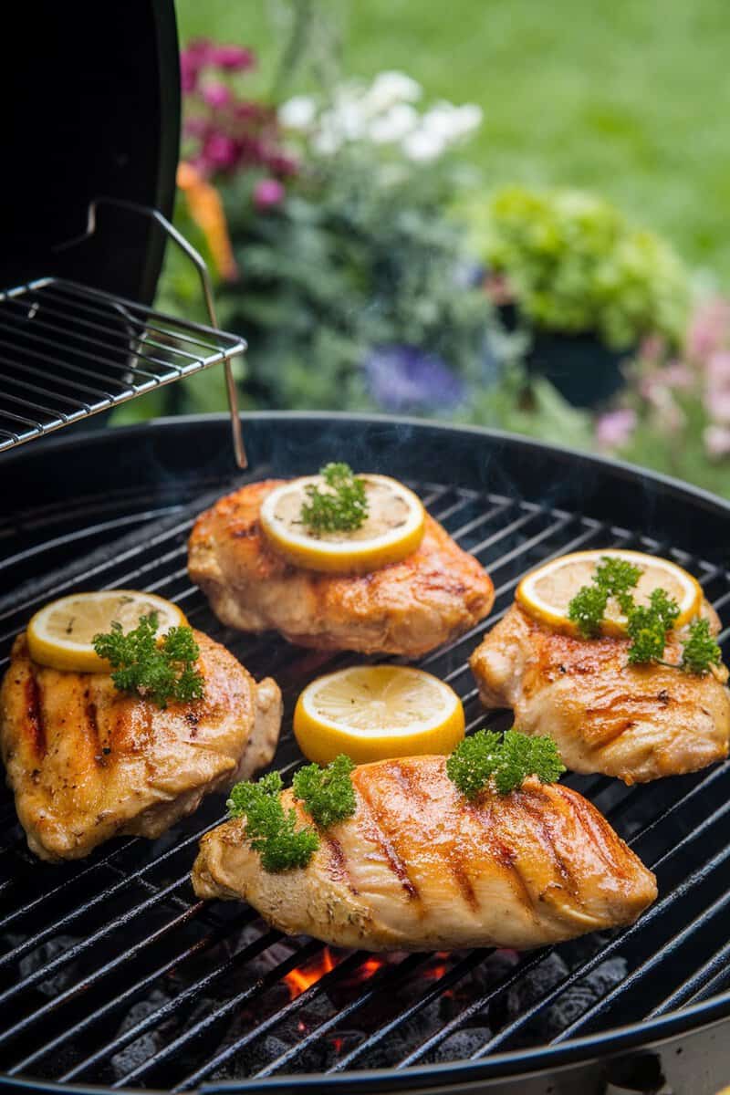 Grilled chicken breasts with lemon slices on a barbecue grill