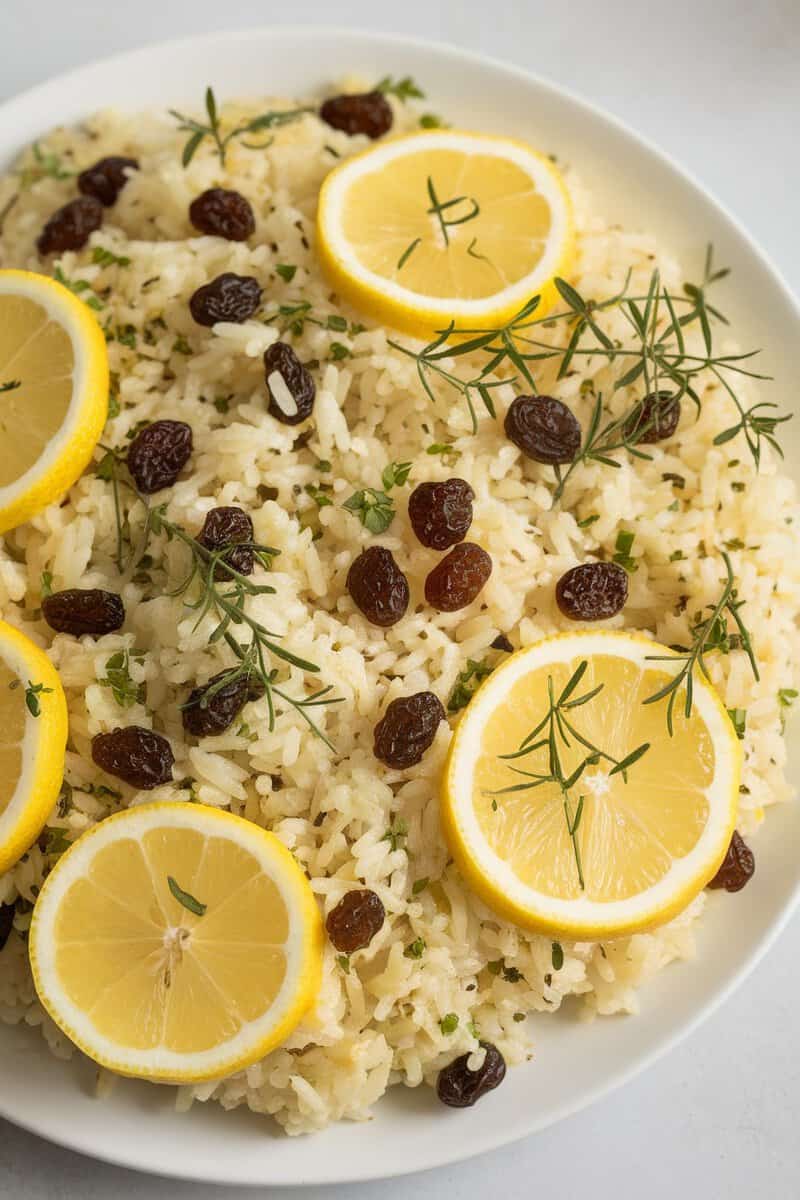 A vibrant plate of lemon and herb rice garnished with lemon slices and raisins.