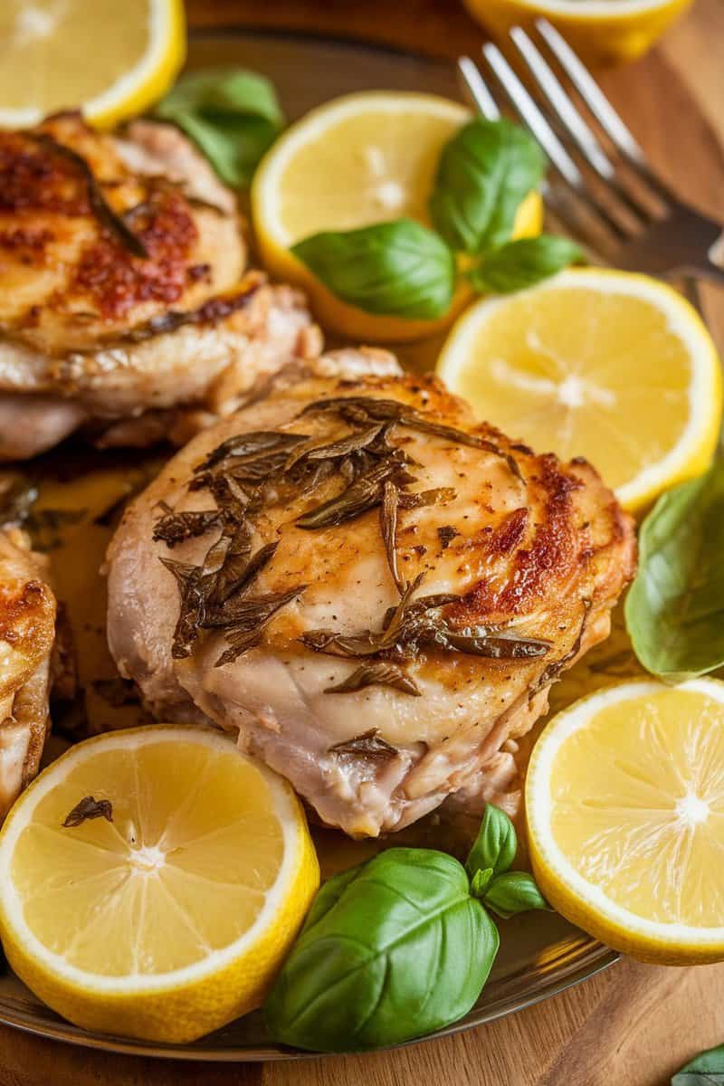 Lemon basil chicken thighs served with lemon slices and fresh basil