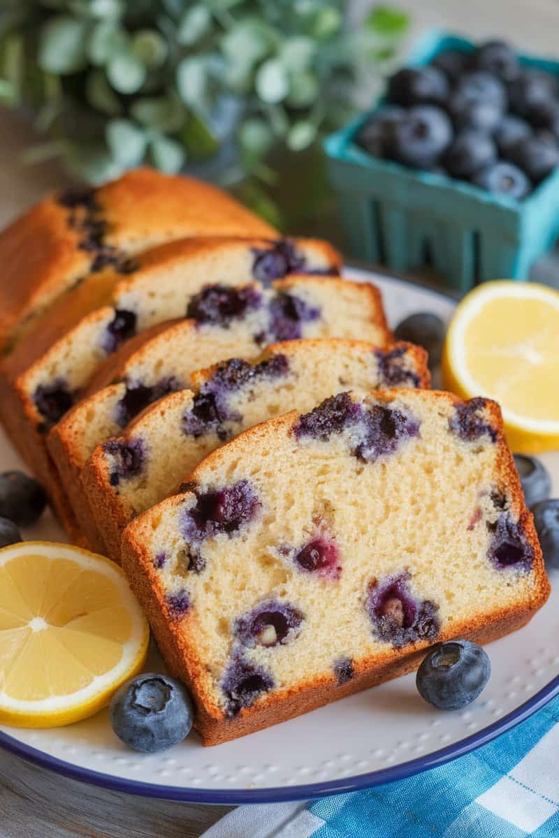 A loaf of lemon blueberry bread sliced and served with fresh blueberries and lemon slices.