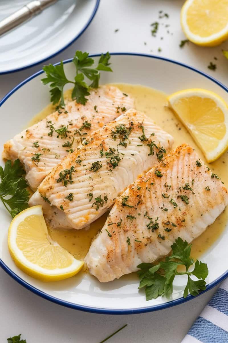 Three cooked flounder fillets with lemon slices and parsley on a plate.