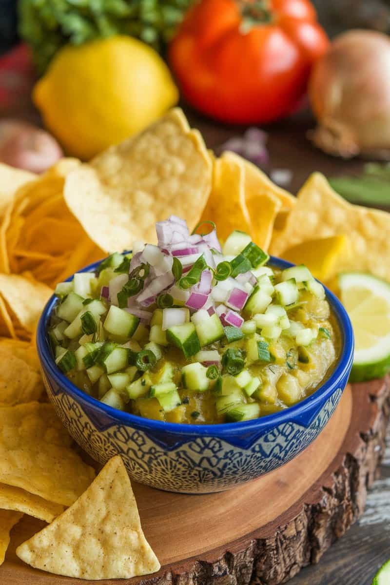 Lemon cucumber salsa with diced cucumbers, onions, and tortilla chips