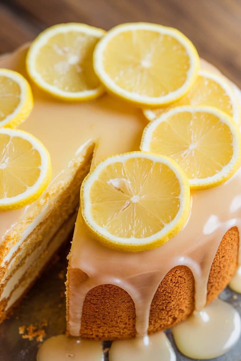 Lemon Drizzle Cake with slices of lemon on top