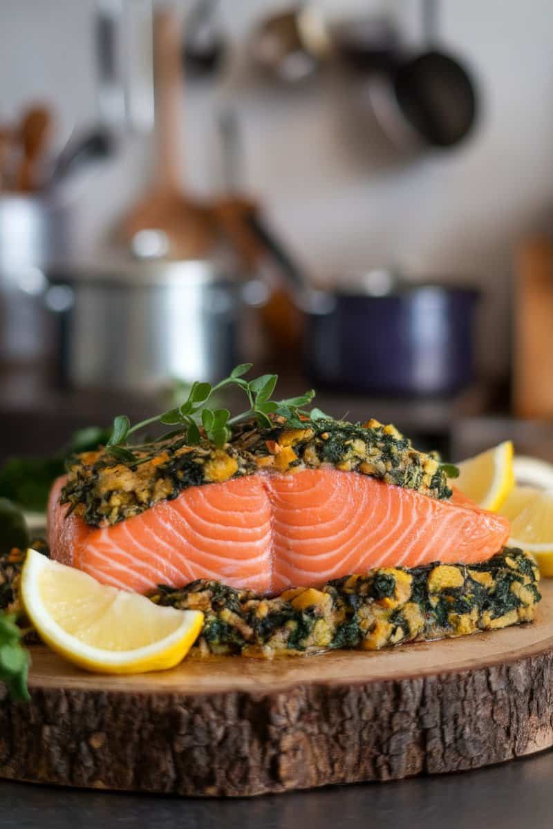 Baked salmon fillet stuffed with spinach and lemon garlic herb stuffing, served with lemon wedges