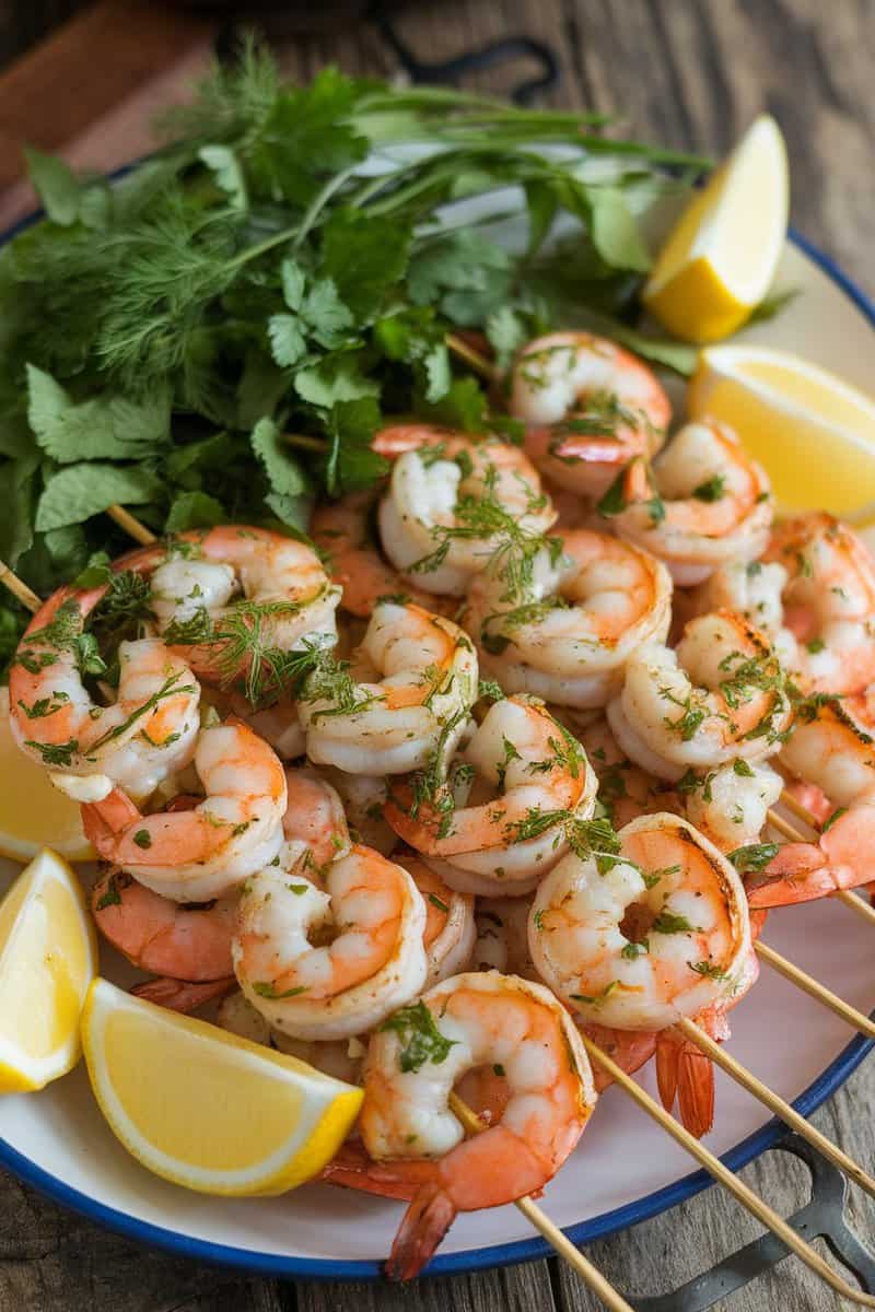 Lemon Garlic Shrimp Skewers with lemon wedges and fresh herbs