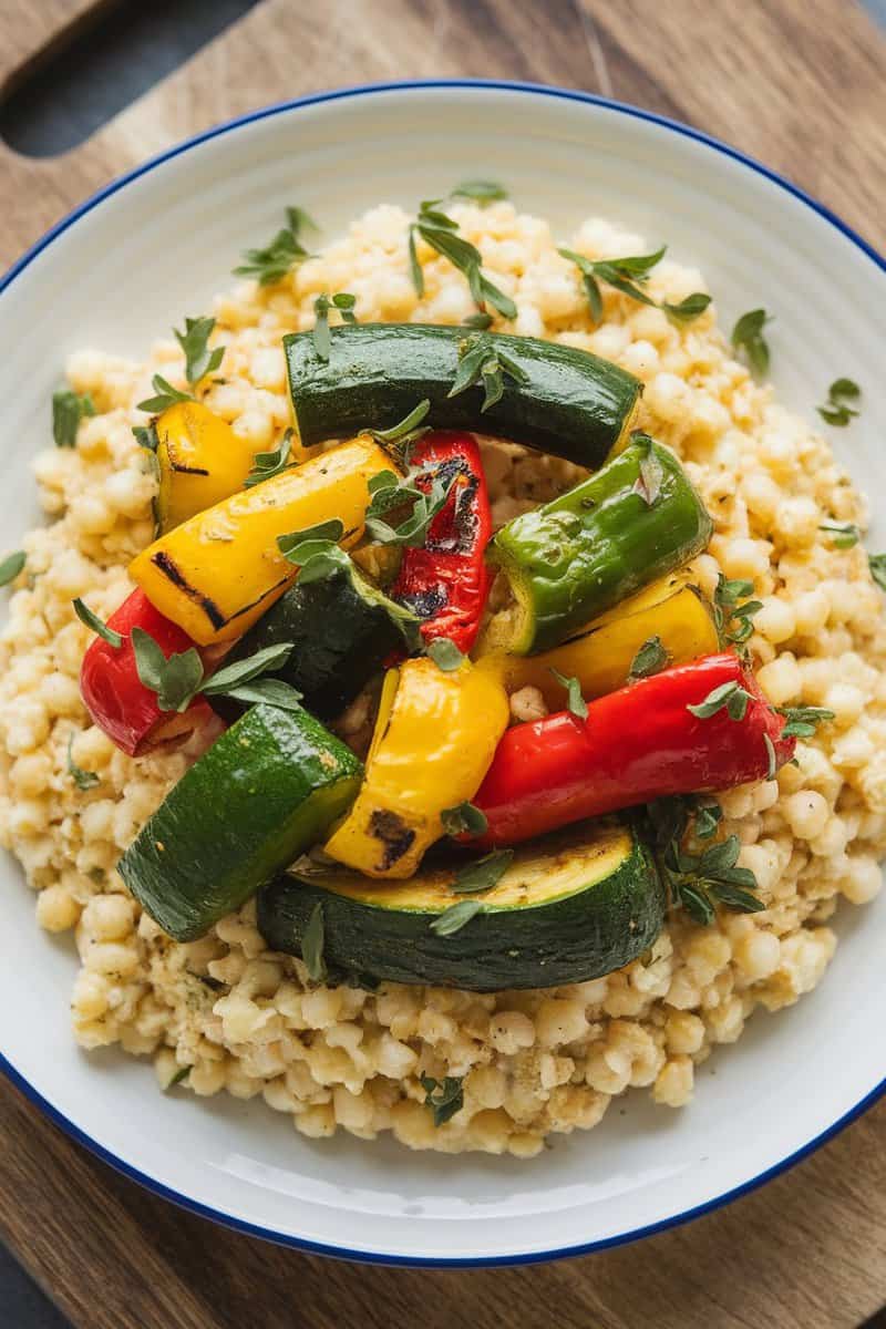 A colorful plate of lemon herb couscous with assorted roasted vegetables on top, garnished with fresh herbs.