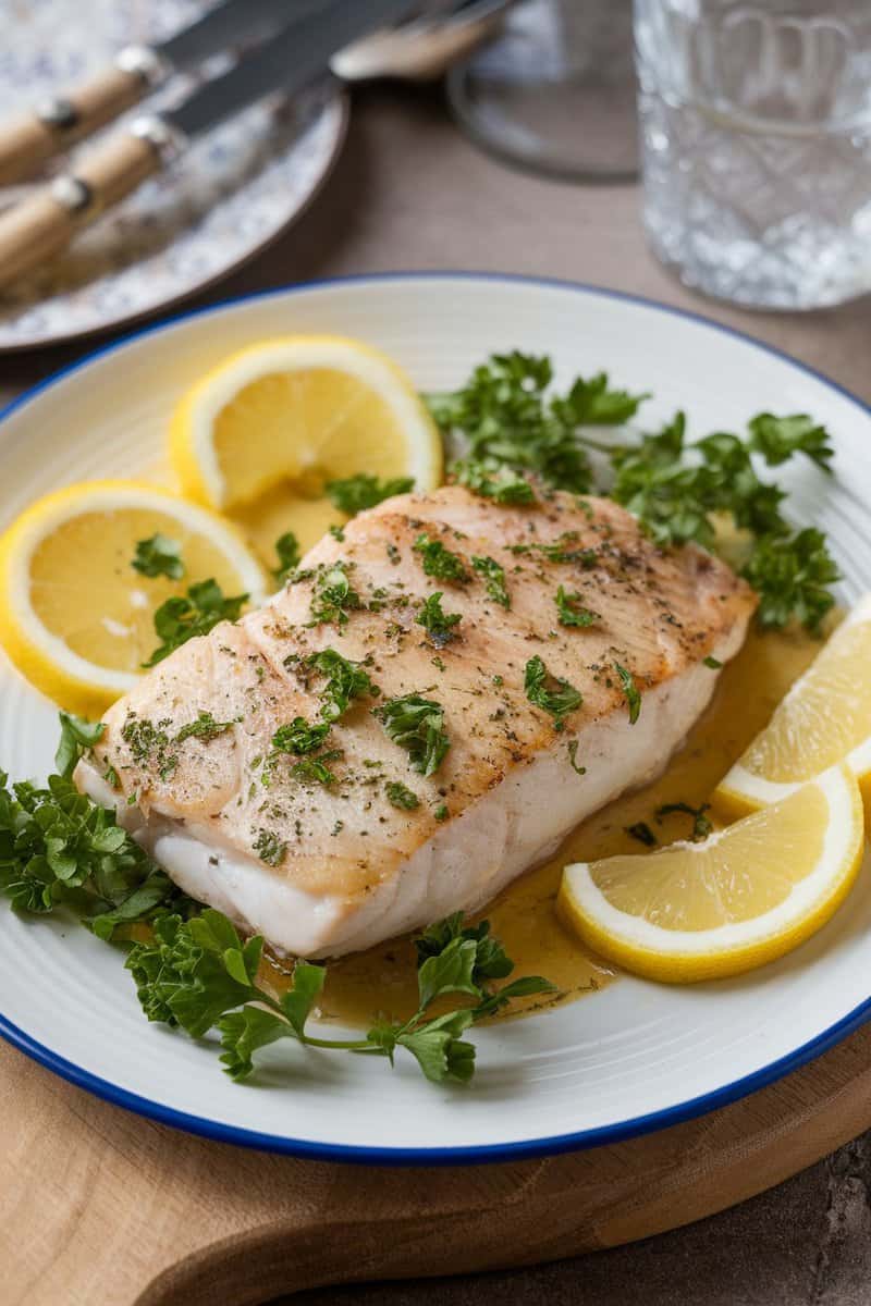 A beautifully plated lemon herb filet of sole with fresh parsley and lemon slices.