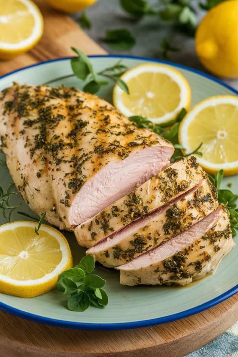 Sliced lemon herb grilled chicken on a plate with lemon slices