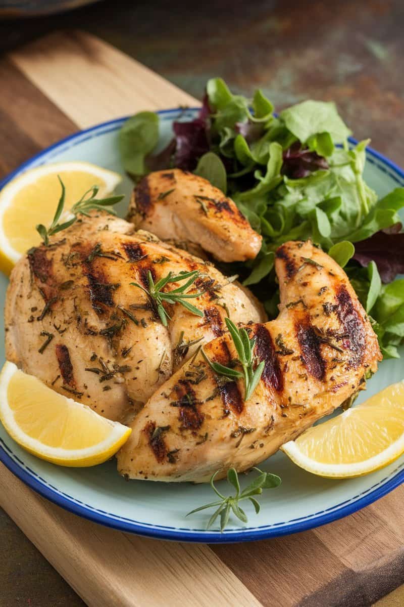 Plate of grilled chicken with lemon slices and greens