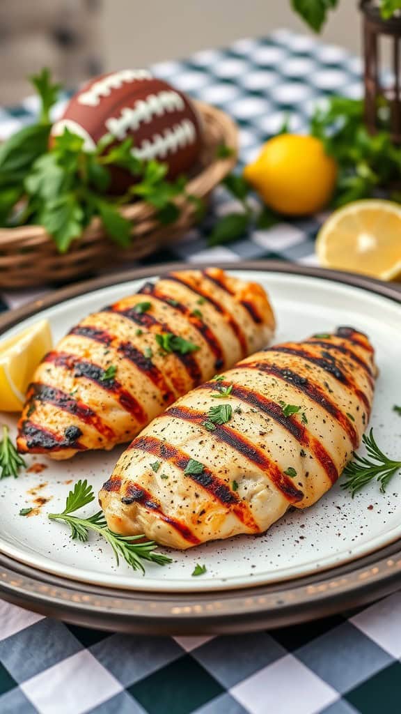 Grilled lemon herb chicken on a white plate with lemon wedges