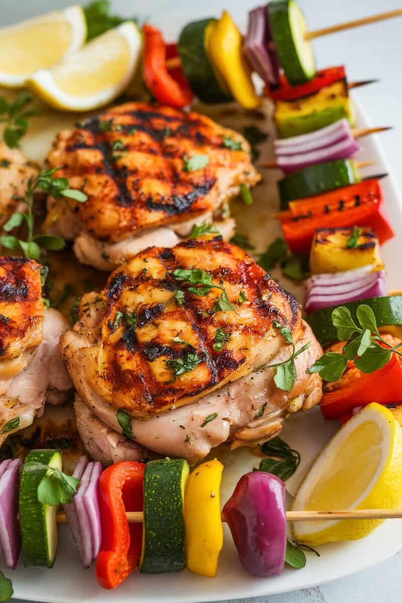 Grilled lemon herb chicken thighs with vegetable skewers and lemon slices