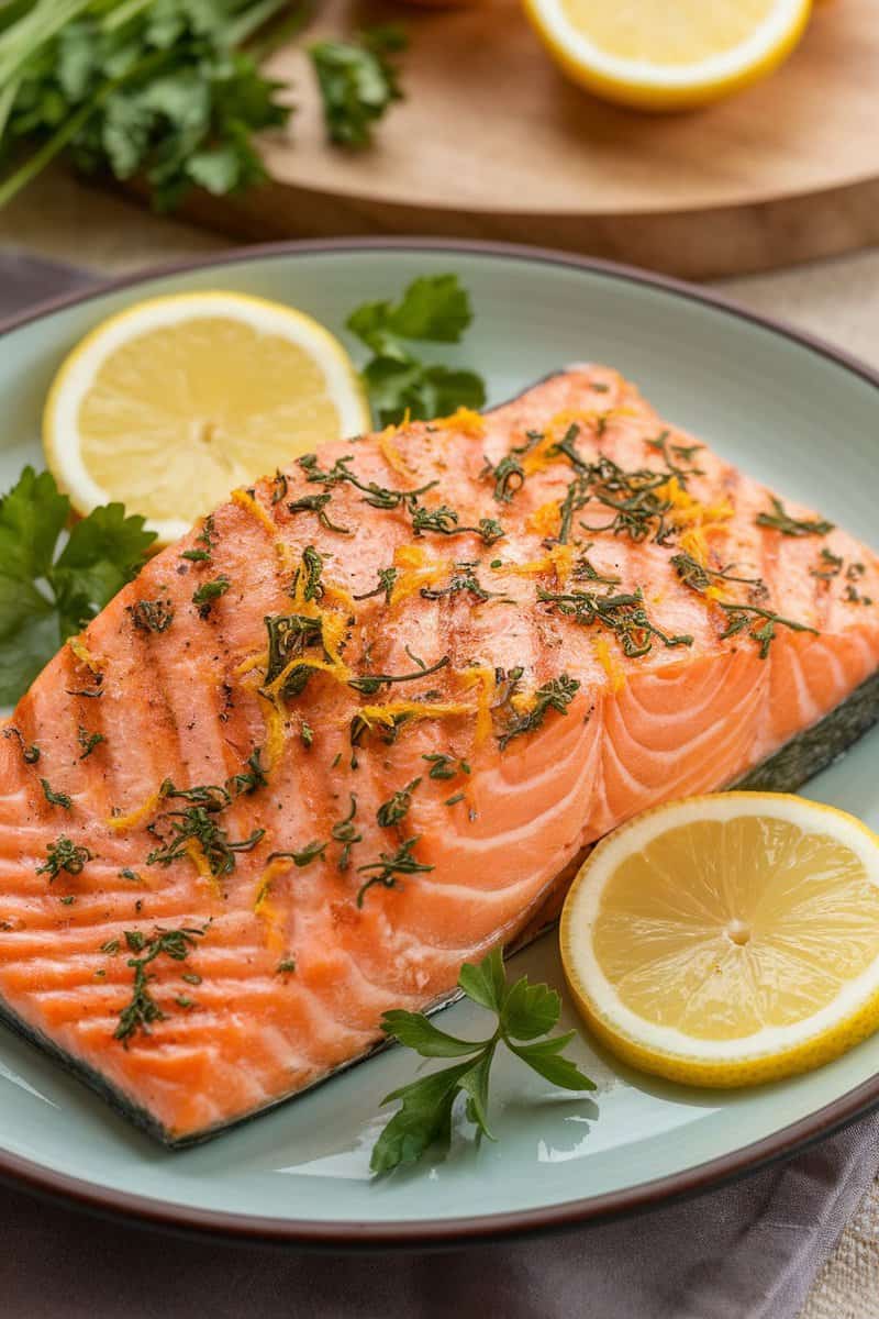 Grilled salmon with lemon slices and herbs on a plate.