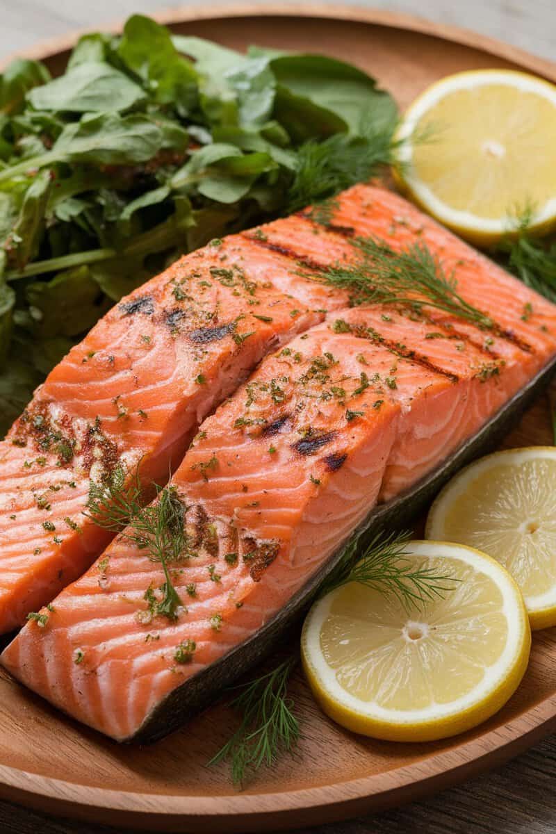 Grilled salmon with herbs and lemon on a wooden plate